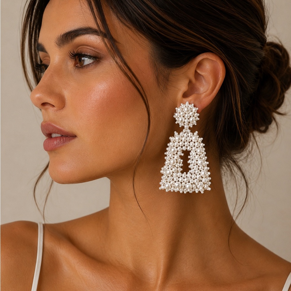 White Beaded Statement Drop Earrings 
Women Jewelry